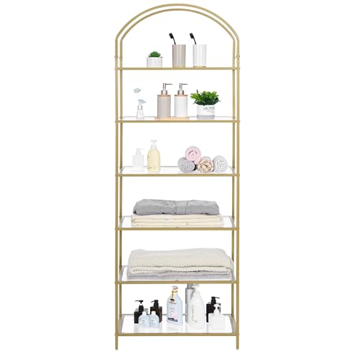 6-Tier Tall Gold Bookshelf, Arched Bookcase with Glass Shelves, view 4