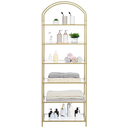 6-Tier Tall Gold Bookshelf, Arched Bookcase with Glass Shelves, view 4