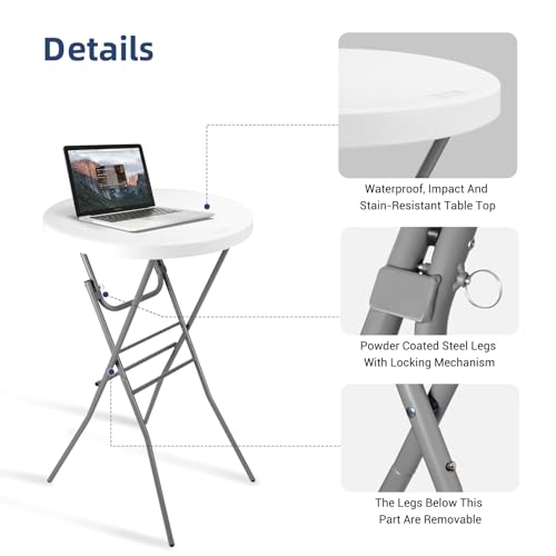 Cocktail Table 28in Folding Round High Top Indoor Outdoor with Removable Legs, Tall Bistro Foldable Bar Height Table for Parties, Patio, Backyard, Dining, Wedding, White- 2PCS