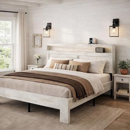 Queen Size Wooden Bed Frame with Headboard, Rustic Platform Bed Frame, view 4