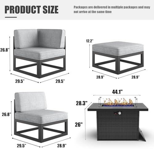 Large Aluminum Patio Furniture Set with Fire Pit Table, 11 Pieces Modern Outdoor Conversation Set Sectional Metal Sofa Set with Olefin Cushion