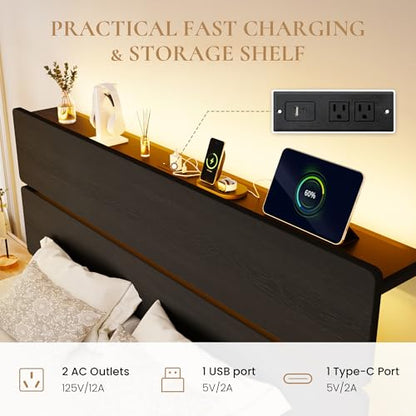 Queen Bed Frame LED Lighting Charging Storage, view 5