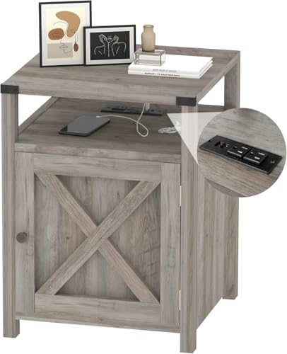 Farmhouse Nightstand Set of 2 with Storage, Rustic End Table, Grey, view 8