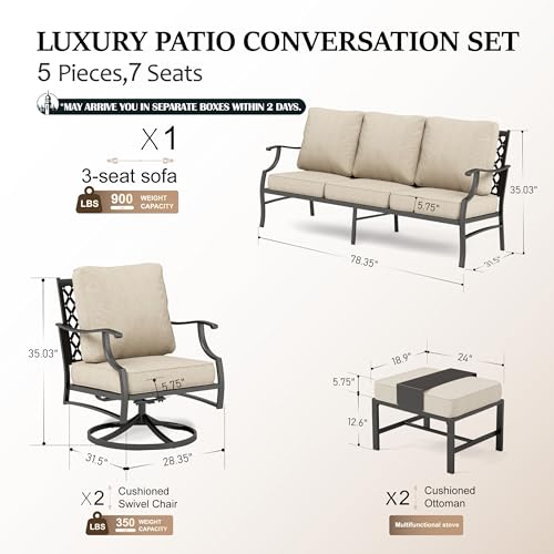 5 Piece Patio Furniture Set, 2 x Swivel Chair, 2 x Ottoman, 1 x 3-Seat Sofa, All Cushioned 7 Seats Outdoor Conversation Set for Lawn Garden Backyard