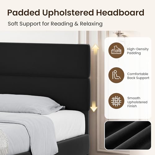 King Size Platform Bed Frame with Velvet Headboard, view 6