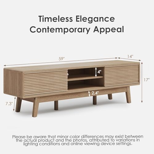 59" TV Console, Mid Century Modern TV Stand for 55/60/65 Inch TV, Low Profile Media Console with Fluted Sliding Doors, Boho Wood Credenza for Living Room, Oak