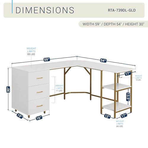 59" Two-Tone L‑Shaped Office Desk with Storage Shelves, Gold, view 4