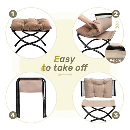 15"(H) Folding Footrest Stool, Upholstered Small Foldable Ottoman, Accent Padded Sofa Foot Stool for Lazy Chair, Metal Frame Portable Foot Rest Ottoman for Living Room, Bedroom, Dark Brown