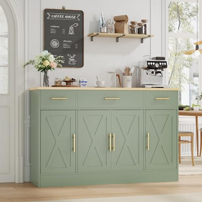 Buffet Cabinet with Storage,53.4" Large Kitchen Storage Cabinet with 3 Drawers and 4 Doors,Wood Farmhouse Buffet Sideboard with Adjustable Shelf for Kitchen Living Room, Green