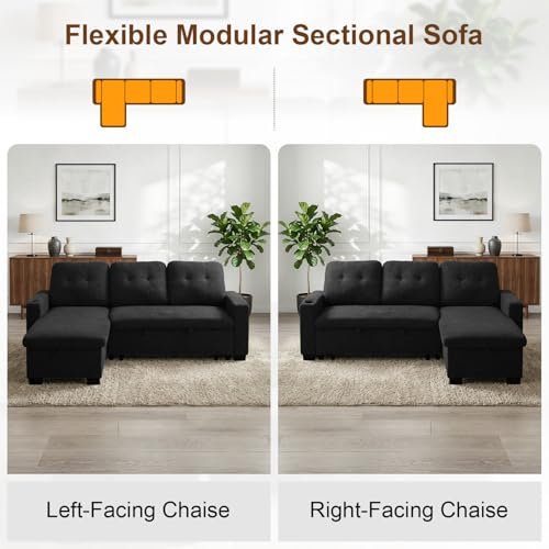 82" L Shaped Sleeper Sofa Bed, Pull Out Sectional Couch with Storage Chaise/Reclining Backrest, Sectional Couches for Living Room with USB Port, Foldable Table, Cup Holder, Side Pocket, Black