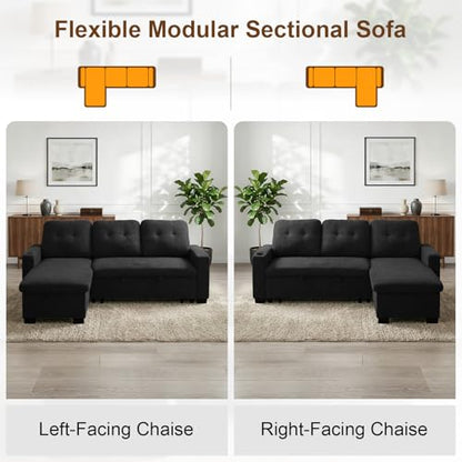 82" L Shaped Sleeper Sofa Bed, Pull Out Sectional Couch with Storage Chaise/Reclining Backrest, Sectional Couches for Living Room with USB Port, Foldable Table, Cup Holder, Side Pocket, Black