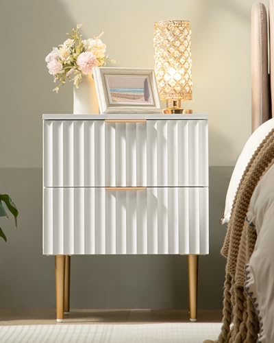 Night Stand Set 2, Fluted Glossy Nightstands Set of 2 with Drawers | Wide Modern White Storage Bedside Table for Bedroom, End Side Table with Golden Metal Legs and Handles, 2 Pieces