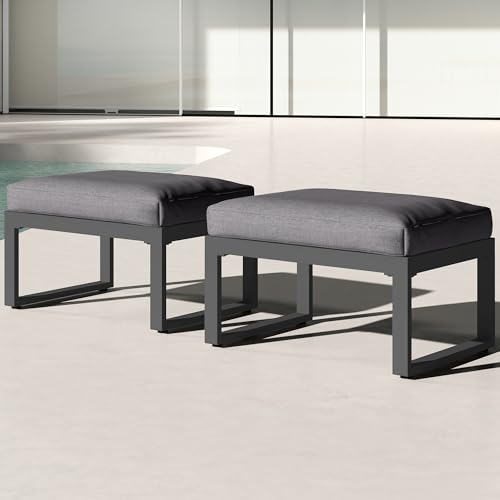2 Pieces Aluminum Outdoor Patio Ottoman Set, Outdoor Foot Stools with Thick Cushion, Small Seat Furniture for Porch Balcony Backyard, Grey