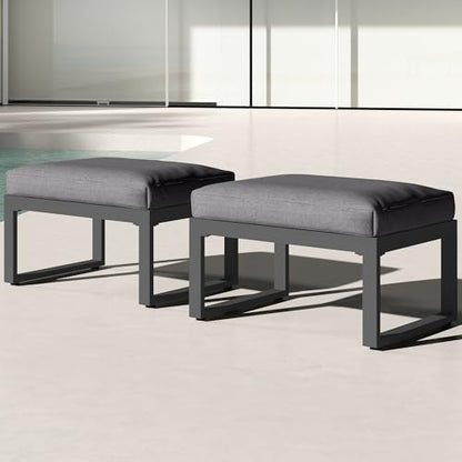 2 Pieces Aluminum Outdoor Patio Ottoman Set, Outdoor Foot Stools with Thick Cushion, Small Seat Furniture for Porch Balcony Backyard, Grey