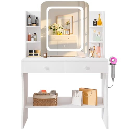 29.5" White Small Makeup Vanity Desk with Power Outlet & Mirror, view 4