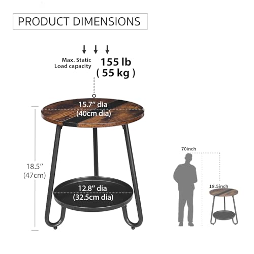 2 Tier Coffee Table in Living Room, Industrial Style Round Coffee Table with Metal Tray, Wood Small Outdoor Coffee Table for Bedroom Balcony Patio, Rustic Brown