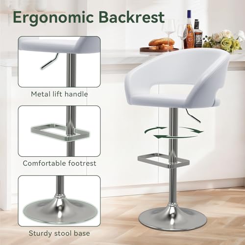 Adjustable Bar Stool with Hollow Back and Arms, Modern PU Leather Swivel Barstool, Airlift Counter Height Bar Chair for Kitchen Dining Room (Pearl White)