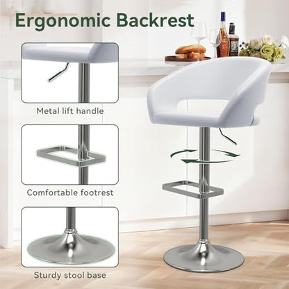 Adjustable Bar Stool with Hollow Back and Arms, Modern PU Leather Swivel Barstool, Airlift Counter Height Bar Chair for Kitchen Dining Room (Pearl White)