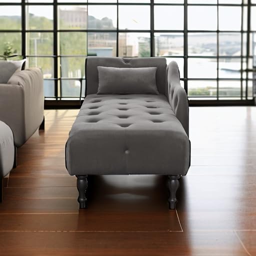 Tufted Upholstered Velvet Rolled Arm Chaise Lounges Indoor Chair, Grey, view 7