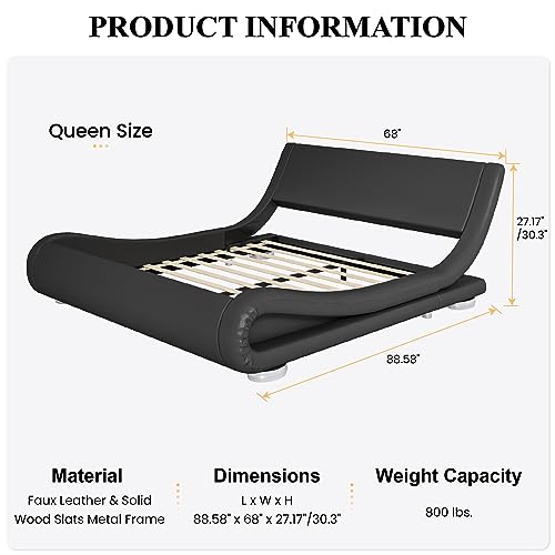 Queen Size Sleigh Bed Frame, Low Profile, Faux Leather, Black, view 3