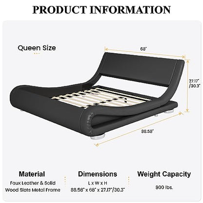 Queen Size Sleigh Bed Frame, Low Profile, Faux Leather, Black, view 3