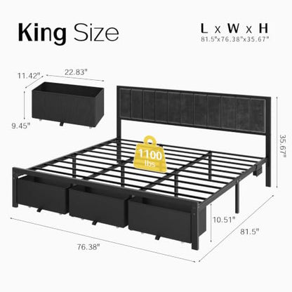 King Bed Frame with 3 Drawers, Charging Station & RGB LED Lights, view 4