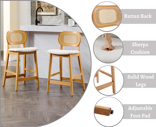 Rattan Counter Height Bar Stools Set of 3 Modern Farmhouse Barstools with Cane Backs 26 Inch Wood Counter Stool Breakfast Upholstered Bar Chairs for Kitchen Island, Boucle Beige