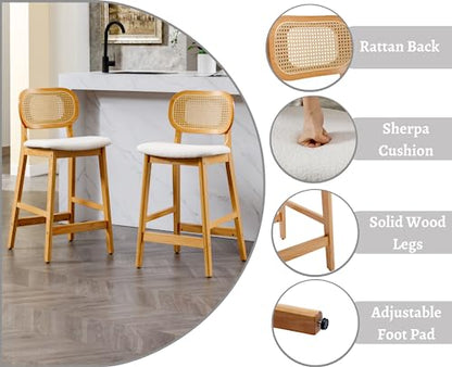 Rattan Counter Height Bar Stools Set of 3 Modern Farmhouse Barstools with Cane Backs 26 Inch Wood Counter Stool Breakfast Upholstered Bar Chairs for Kitchen Island, Boucle Beige