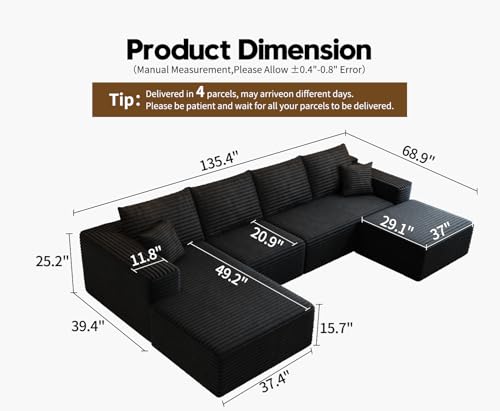 135.4" Cloud Sectional Couch with 1 Ottoman,Modern Modular Sofa with Deep Seat, Comfort U Shaped Sofa Couches for Living Room Bedroom Apartments,No Assembly Required, (Black,Left Facing Chaise)
