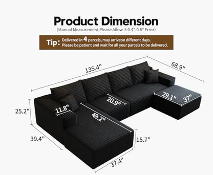 135.4" Cloud Sectional Couch with 1 Ottoman,Modern Modular Sofa with Deep Seat, Comfort U Shaped Sofa Couches for Living Room Bedroom Apartments,No Assembly Required, (Black,Left Facing Chaise)