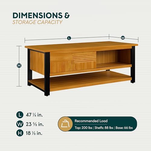 Trapeze Coffee Table for Living Room – Modern Wooden Center Table with Storage, Metal Legs, Large Teak Brown Coffee Table for Stylish Living Room Furniture Setup
