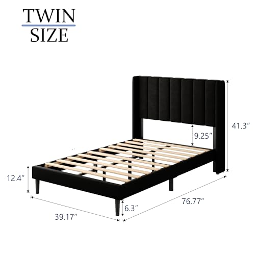 Twin Size Bed Frame with Upholstered Wingback Headboard, view 3