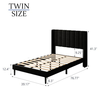 Twin Size Bed Frame with Upholstered Wingback Headboard, view 3