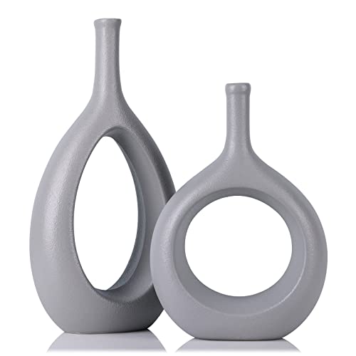 Gray Ceramic Hollow Elliptical Vase Set of 2 - Boho Circle Vase with Hole, for Modern Grey Table Decor, Living Room Decor Shelf mid Century Modern Home Entrance Decorative vase
