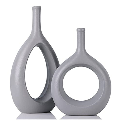 Gray Ceramic Hollow Elliptical Vase Set of 2 - Boho Circle Vase with Hole, for Modern Grey Table Decor, Living Room Decor Shelf mid Century Modern Home Entrance Decorative vase
