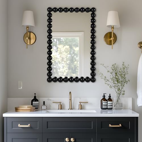 Decorative Beaded Wall Mirror – Modern Rectangular Accent Mirror, 20″x30″, for Living Room, Bedroom, Bathroom, Entryway & Office – Available in Gold, Black, & White (Black)