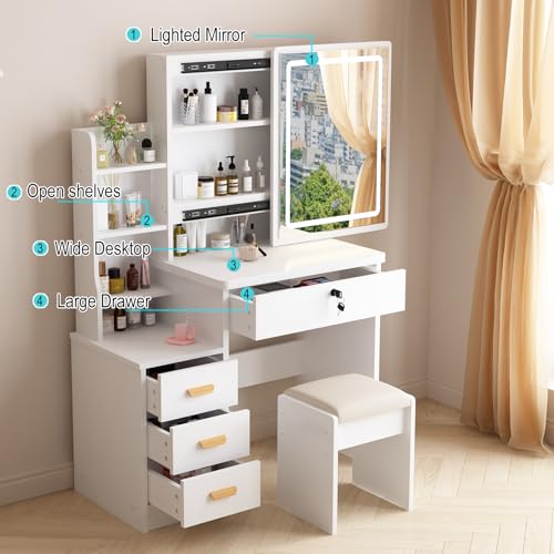 MONGMON Vanity Desk with Mirror and Lights, 3 Lighting Modes, view 6