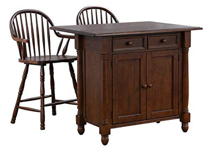 Andrews Drop Leaf Kitchen Island with Counter Height Stools with Arms |Distressed Chestnut Brown | Drawers and Cabinet