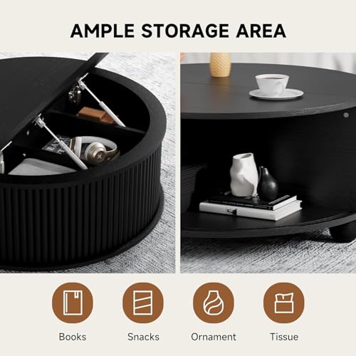 Fluted Round Coffee Tables,31.5" Mid Century Modern Circle Drum Table with Storage, Accent Coffee Table with Sliding Cabinet Door for Living Room Small Space (Black)
