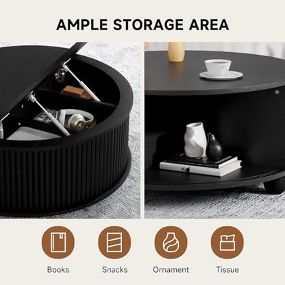 Fluted Round Coffee Tables,31.5" Mid Century Modern Circle Drum Table with Storage, Accent Coffee Table with Sliding Cabinet Door for Living Room Small Space (Black)