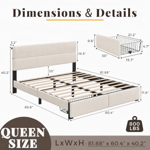 Queen Bed Frame with 2 Storage Drawers, Light Beige Velvet Upholstered, view 3
