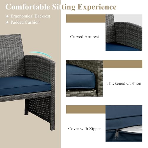 4 Piece Outdoor Patio Furniture Set, Outdoor Wicker Rattan Chairs Conversation Sets with Cushions & Coffee Table for Outside, Garden, Balcony, Porch, Dark Blue