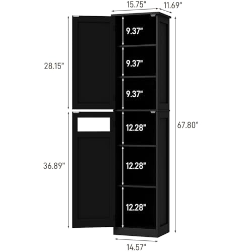 Tall Bathroom Cabinet, Slim Bathroom Storage Cabinet with Adjustable Shelves and 2 Doors, Narrow Floor Storage Cabinet for Bathrooms, Kitchen, Living Room, Black