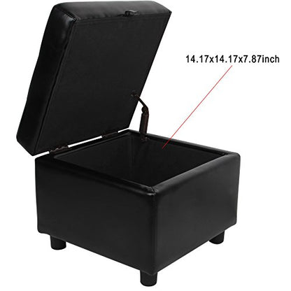 Tufted Leather Square Flip Top Storage Ottoman Cube Foot Rest (Black)