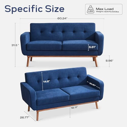 Sofa Couch, Mid Century Modern Sofa with Solid Wood Frame, Button Tufted Couch for Bedroom, Living Room, Office, Apartment (Dark Blue, 60 inch)