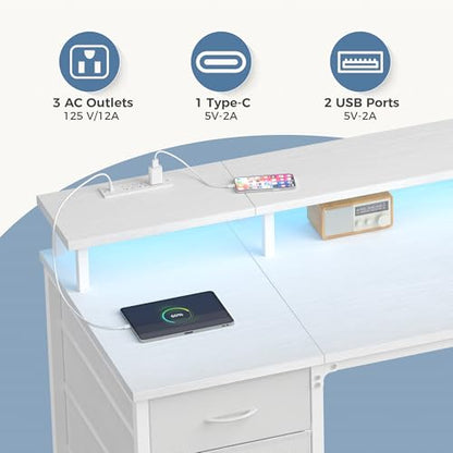 47 Inch Computer Desk with 4 Drawers,4 Drawer Gaming Desk with Power Outlets and LED Lights,Office Desk for Small Spaces with Monitor Shelf,Writing Desk for Home Office,Bedroom, Study,White