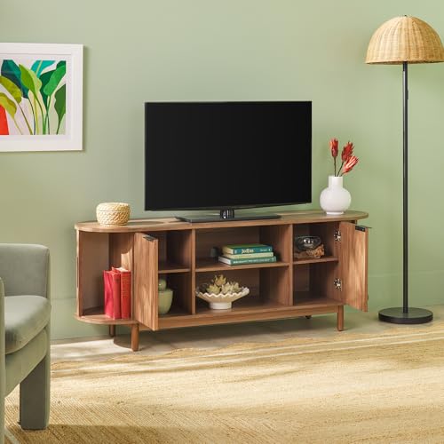 Chloe Curved Reeded TV Stand, Sliding Doors, 65 Inch, 60 inch, Mocha