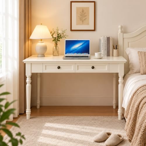 White Writing Desks with Drawers, 47" French Country Style, view 6