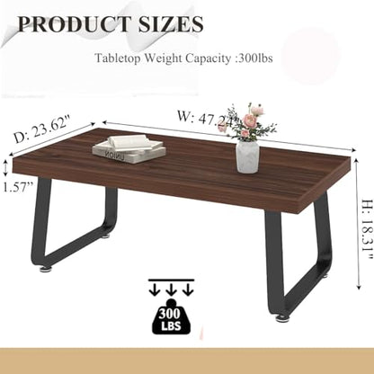 Rustic Walnut Coffee Table, Modern Center Table, Rectangle Industrial Living Room Coffee Table, Simple Farmhouse Wood and Metal Tea Table for Home Bedroom Office, Walnut, 47 in