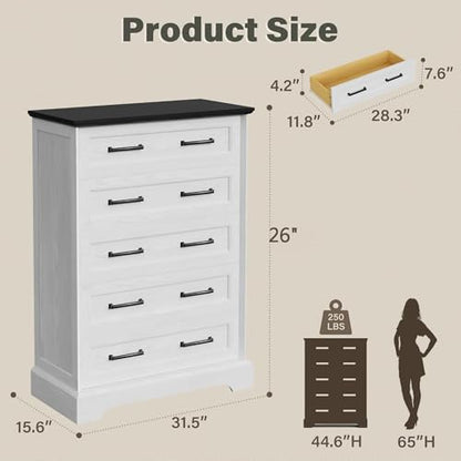 Tall Dresser for Bedroom, Farmhouse 5 Drawers Dresser, White&Black, view 4